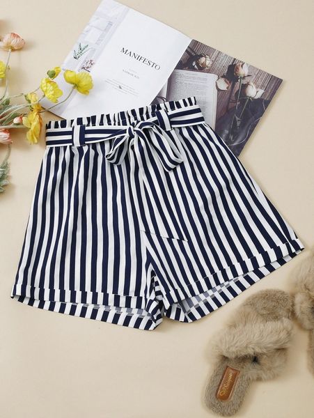 

striped paperbag waist belted shorts o1zn#, White;black