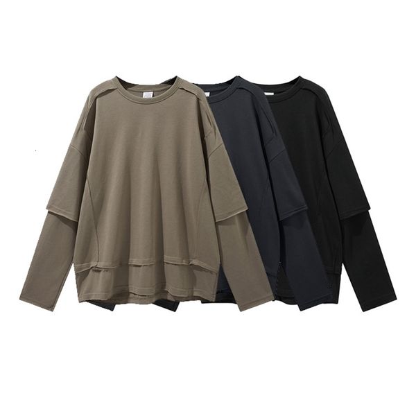 

men's hoodies & sweatshirts american street ins hip hop oversize loose fake two piece stitched solid color terry round neck sweater for, Black