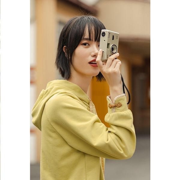 

inman autumn arrivals fashionable contrast color plaid drawstring hoodie long sleeve cotton cuff button sweatshirt 201202, Black