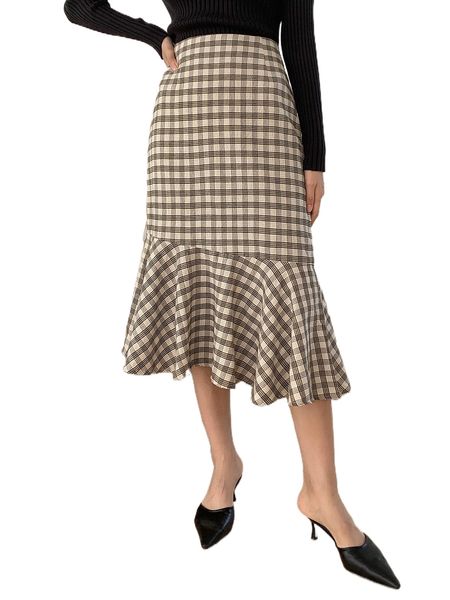 

dazy high waist plaid ruffle hem skirt k64p#, Black