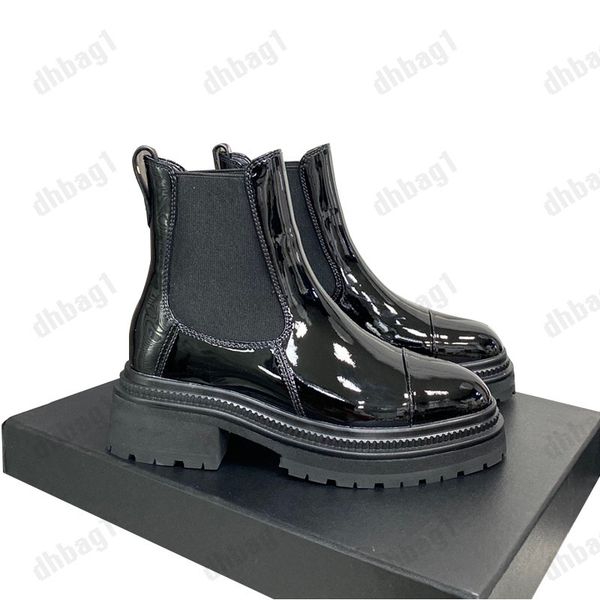 

autumn winter womens stretch ankle boots fabric cowhide patent leather chunky heels 5cm designer luxury fall knight rainboots woman western, Black