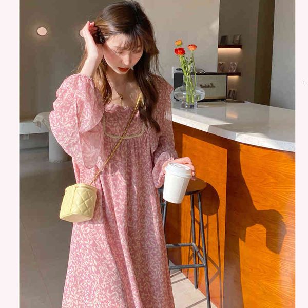 

casual dresses jingtian 2022 spring and summer pink floral dress women's long sleeved ruffled square collar skirt women pb7b, Black;gray