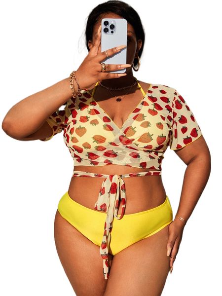 

plus strawberry print knot front triangle bikini swimsuit with cover up r2oe#, White;black