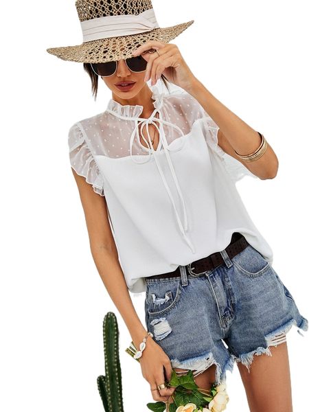 

solid contrast swiss dot mesh tie neck butterfly sleeve blouse a9xv#, White