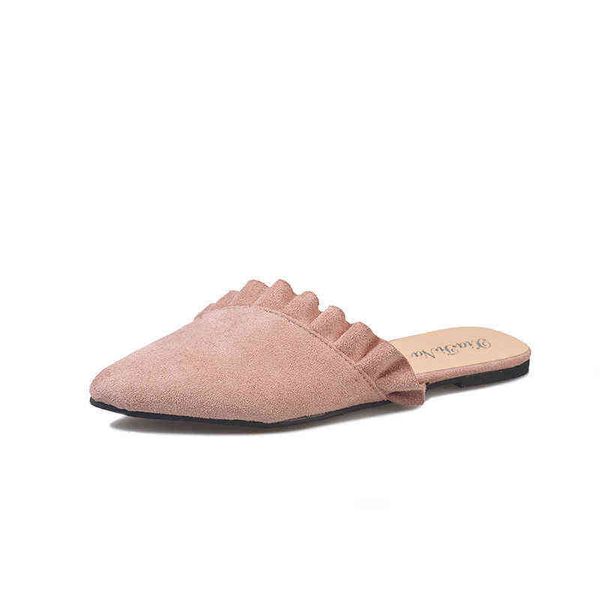 Verão 2022 Slippers Ladies Saltos planos saltos apontados de banhada de camurça de camurça Muller Sandals femininos com baixo para mulheres 220624