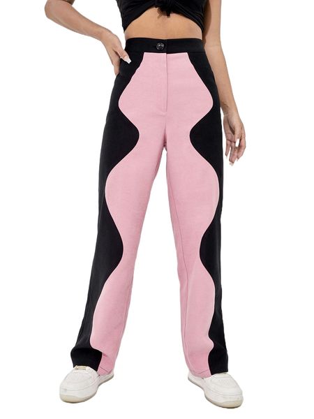 

high waist colorblock straight leg pants n5aa#, Black;white