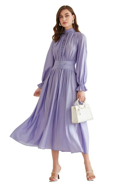 

ruched flounce sleeve mock neck dress 35jt#, Black;gray