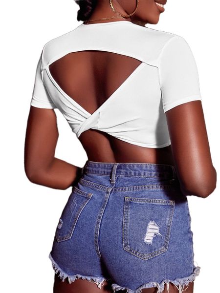 

cut out twist back crop tee x9io#, White