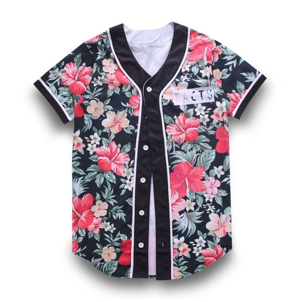 Camisa de beisebol camiseta vermelho floral 3d impressão manga curta homens camiseta botão camisa slim fit hip hop streetwear roupas 220623