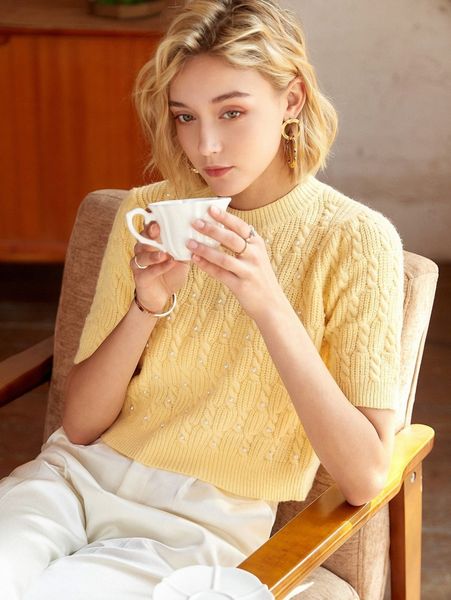

knit mix pearls beaded cable knit 33n4#, White;black