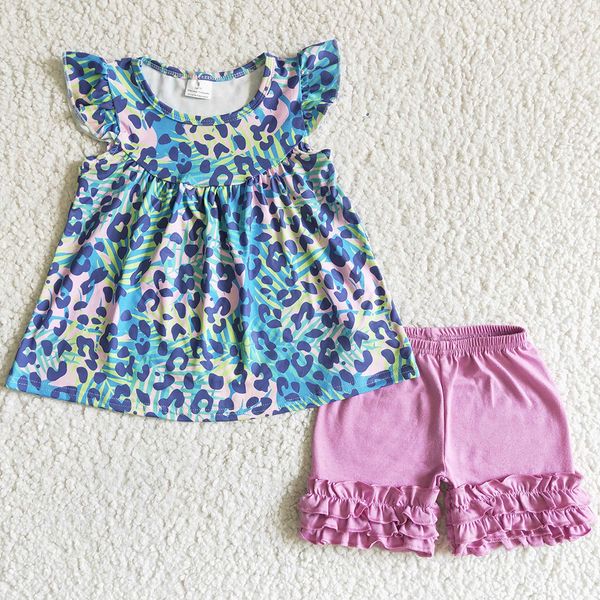 

new fashion kids clothes set leopard print boutique baby girl clothing summer flutter sleeve ruffler shorts cute toddler girl outfits wholes, White