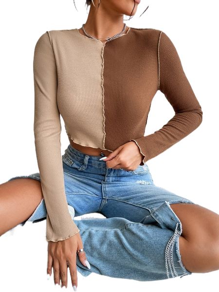 

two tone ribbed knit lettuce trim crop tee a1dv#, White
