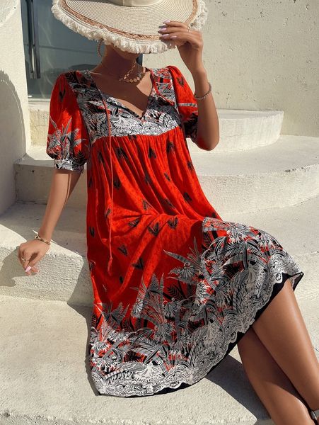 

plant print tassel tie neck puff sleeve dress n5wt#, Black;gray