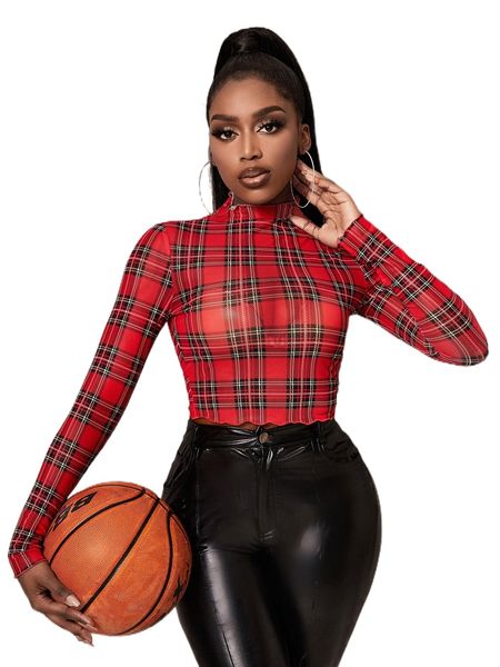 

sxy mock neck lettuce trim tartan print mesh 60dv#, White