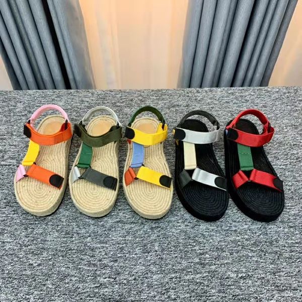 Strappy Espadrille Sandalet Platform Sandalet Tasarımcı Kadınlar Casual Örgü Hasır Ayakkabı Naylon Dokuma Kumaş Sapanlar İşlemeli Jüt Taban Boyutu 35-45