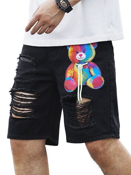 

men cartoon patched ripped denim shorts r8ow#, White;black