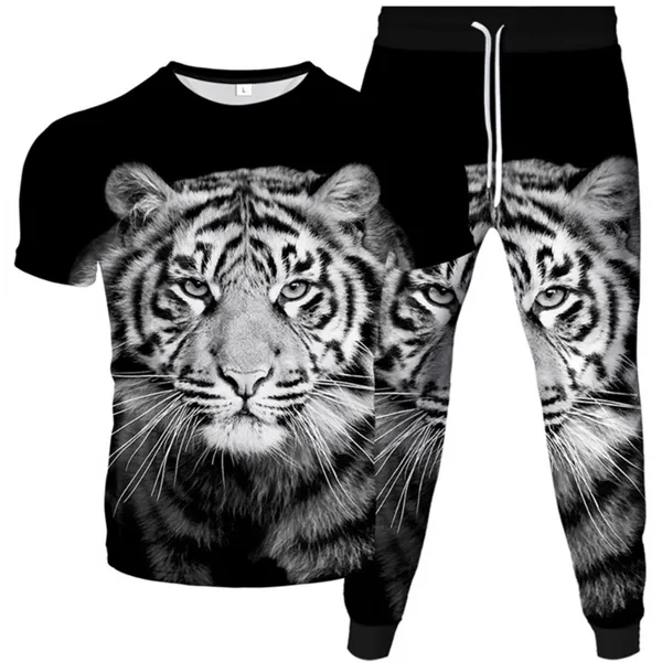 Trass de pista masculino Tigre de manga curta de tigre masculino Camiseta de corrida Long Pants Long Set 2pc Mulher Moda Momento Male Sportwear Tops Tops