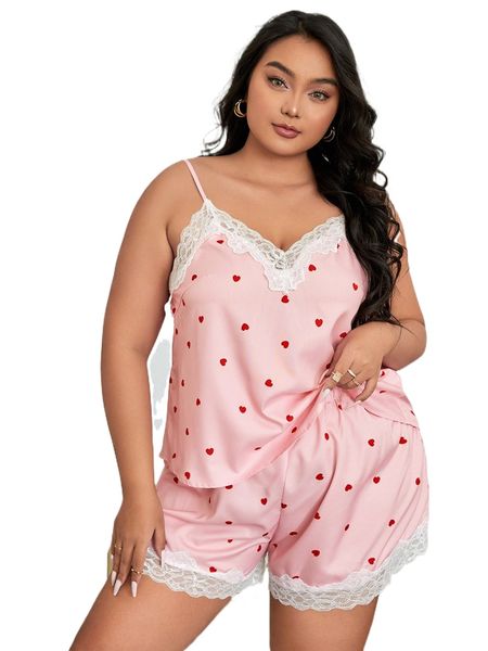 

plus heart print contrast lace cami & shorts pj set h7pg#, Black;white