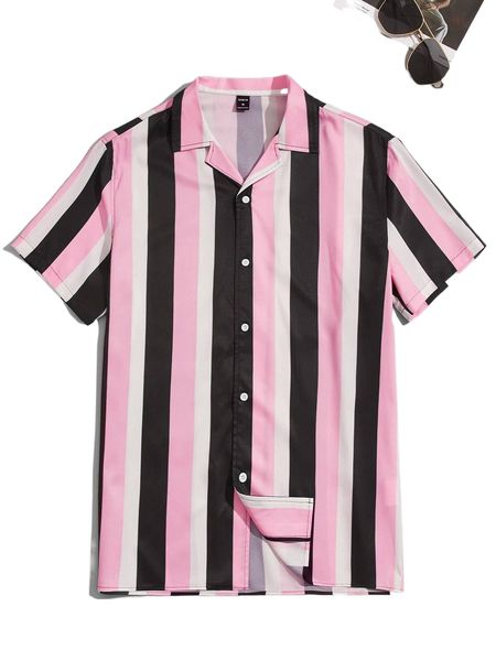 

men striped print button front shirt l8ih#, White;black