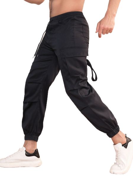 

men flap pocket side drawstring waist cargo pants c9qe#, Black