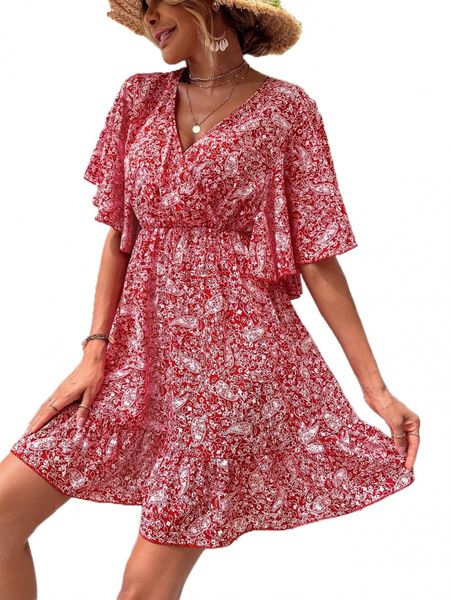 

floral & paisley print butterfly sleeve ruffle hem dress m9kb#, Black;gray