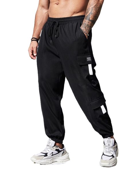 

extended sizes men drawstring waist patch detail cargo pants s61t#, Black