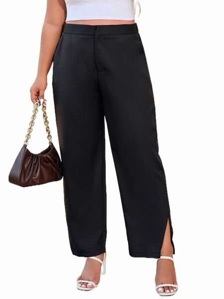 

plus high waist split hem tailored pants j46u#, Black
