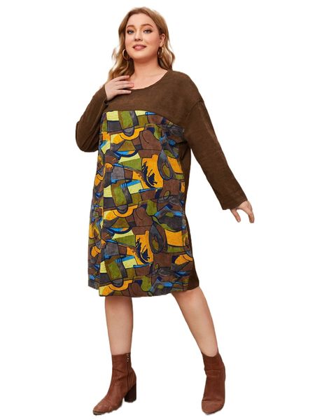 

plus graphic print drop shoulder corduroy dress o1tv#, Black