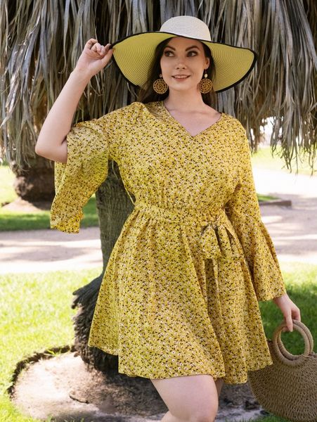 

plus ditsy floral flounce sleeve belted dress 67fs#, Black