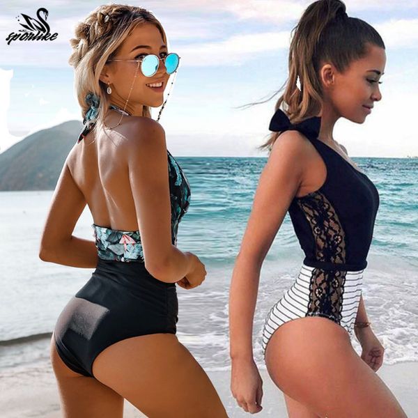 

swimsuit cross back swimwear women swimsuit vintage retro bathing suits beach wear swim print monokini l y200319, White;black
