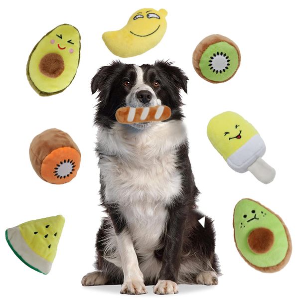 Quietschspielzeug für Hunde, niedliches Plüsch-Früchte, Snacks und Gemüse, Katzenspielzeug für Welpen, kleine und mittelgroße Haustiere