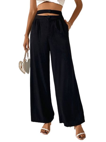 

cut out waist wide leg pants q6nd#, Black;white