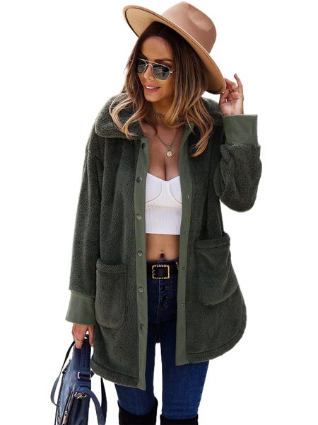 

solid button front pocket detail teddy coat z5ev#, Black
