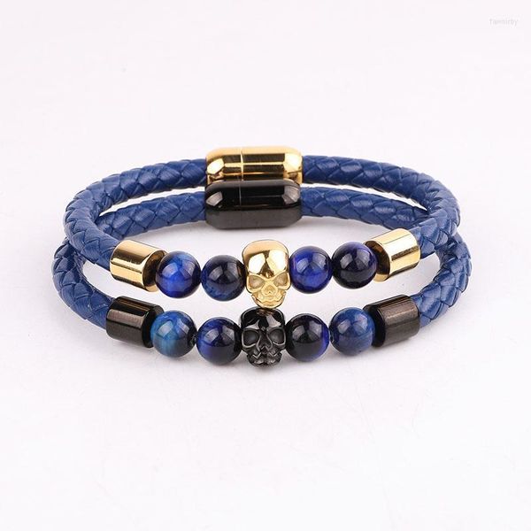 Perlenstränge Hochwertiges Herrenarmband Design Blauer Tigerauge Naturstein Edelstahl Totenkopf Charm Echtes Leder Fawn22