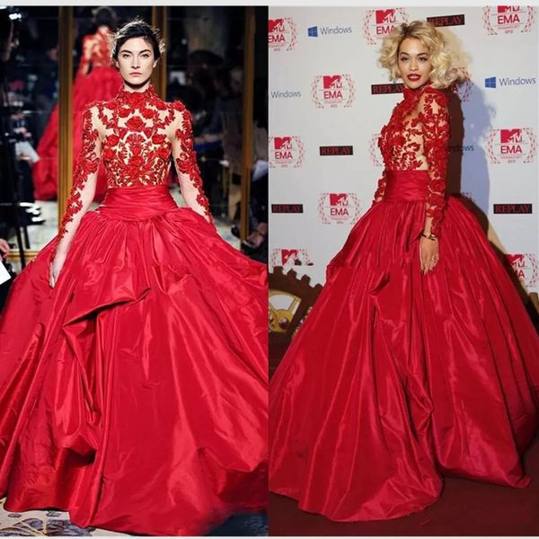 Zuhair Murad Abendkleider von Rita Ora in Marchesa, hochgeschlossenes Herbstkleid mit rotem Teppich, Promi-Kleider, Satin-Ballkleid, Hochzeitskleid