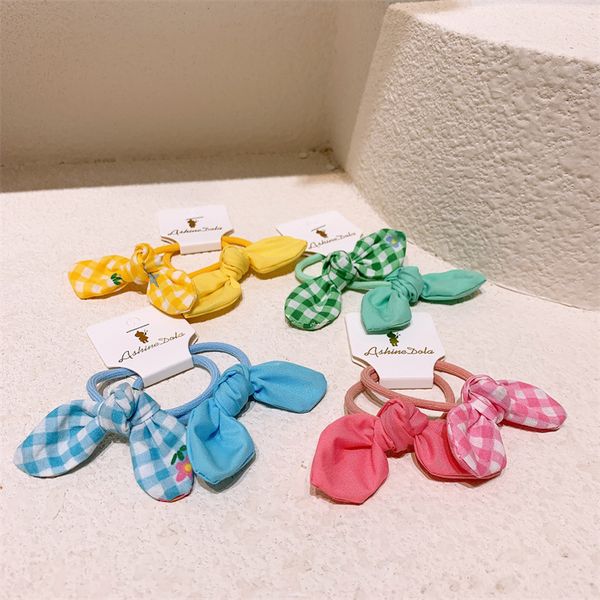 

new korea children cute plaid fabric adjustable rabbit ears rubber band hair rope sweet girl princess ponytail hair accessories, Slivery;white