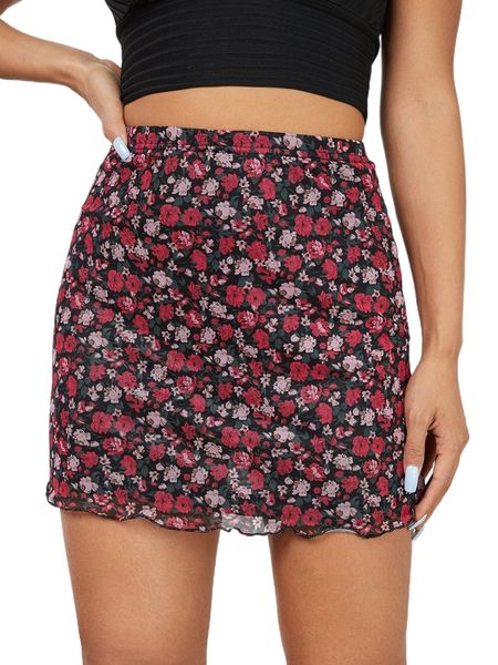 

petite floral print lettuce trim mesh bodycon skirt 54z5#, Black