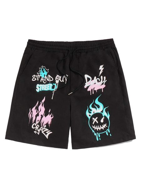 

men cartoon & letter graphic drawstring waist shorts x02c#, White;black