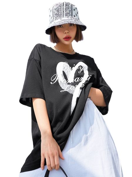 

dazy heart and slogan graphic drop shoulder oversized tee 40w5#, White