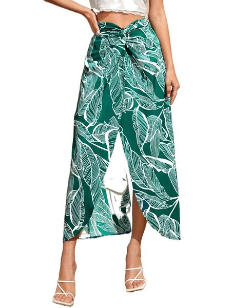 

high waist tropical print twist front split thigh skirt b0ik#, Black