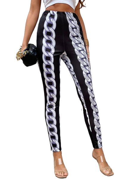 

high waist chain print skinny pants q1p7#, Black;white