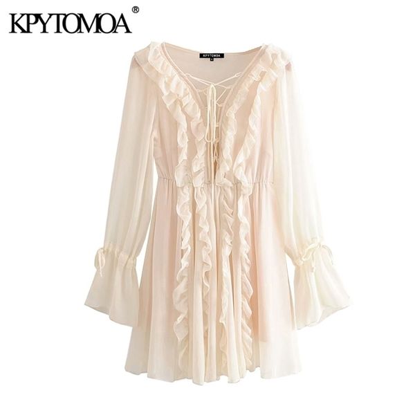 

vintage stylish ruffles chiffon mini dress women fashion v neck long sleeve drawstring beach female dresses vestidos mujer 210322, Black;gray
