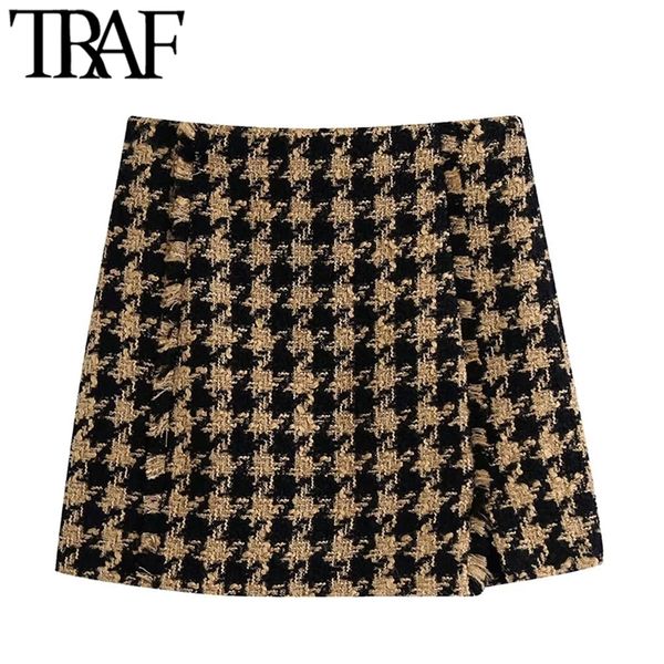 

traf women chic fashion front slit tweed mini skirt vintage high waist side zipper female skirts mujer 220324, Black
