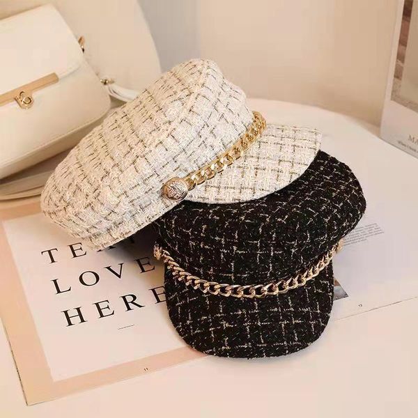 

autumn and winter beret ladies hat trend navy hat chain small fragrance plaid flat cap warm hat, Blue;gray