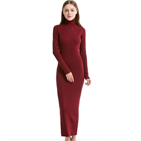 

new fashion women party dress knit style long sleeve turtleneck winter maxi dress slim work wear office dress vestidos t200107, White;black
