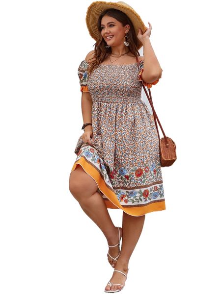 

plus ditsy floral off shoulder puff sleeve shirred dress c5fq#, Black