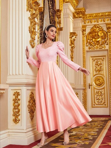 

sweetheart neck gigot sleeve fold pleated dress l173#, Black;gray