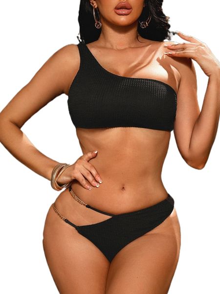 

plain textured one shoulder bikini swimsuit x95i#, White;black