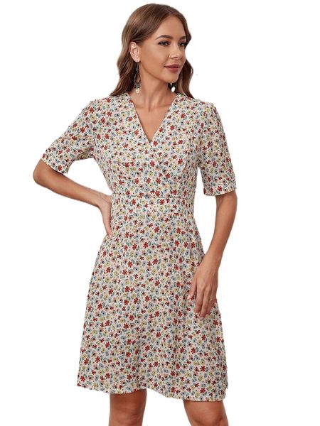 

ditsy floral print surplice neck dress c51e#, Black;gray