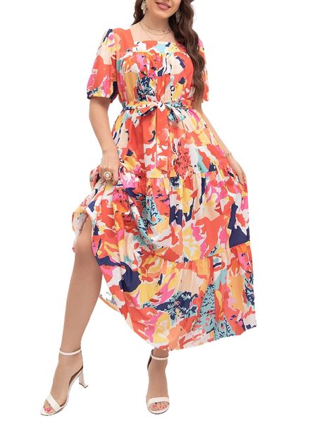 

plus allover print puff sleeve knot front ruffle hem dress x9mz#, Black